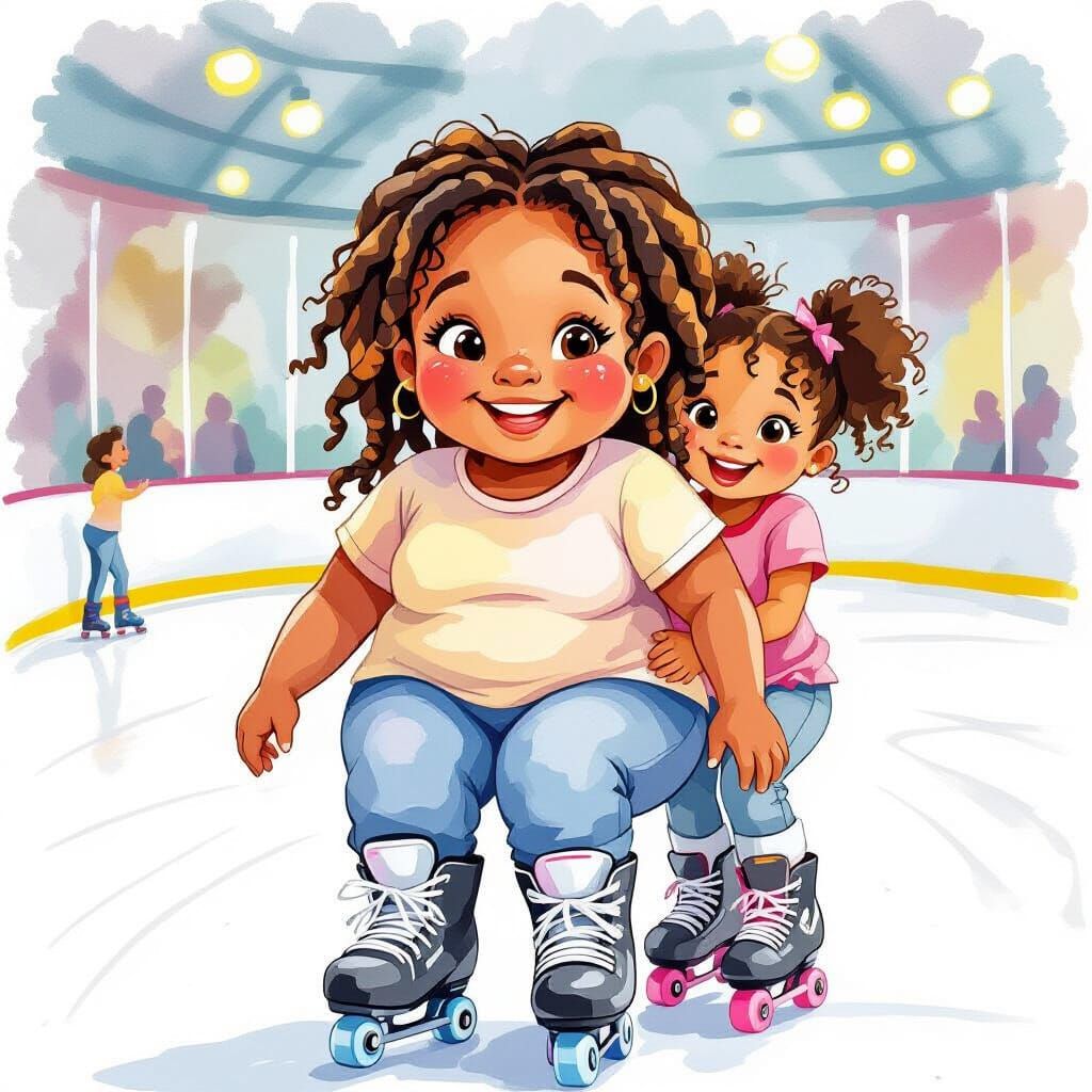 Smiling Girl Skating at Roller Rink in Watercolor Style