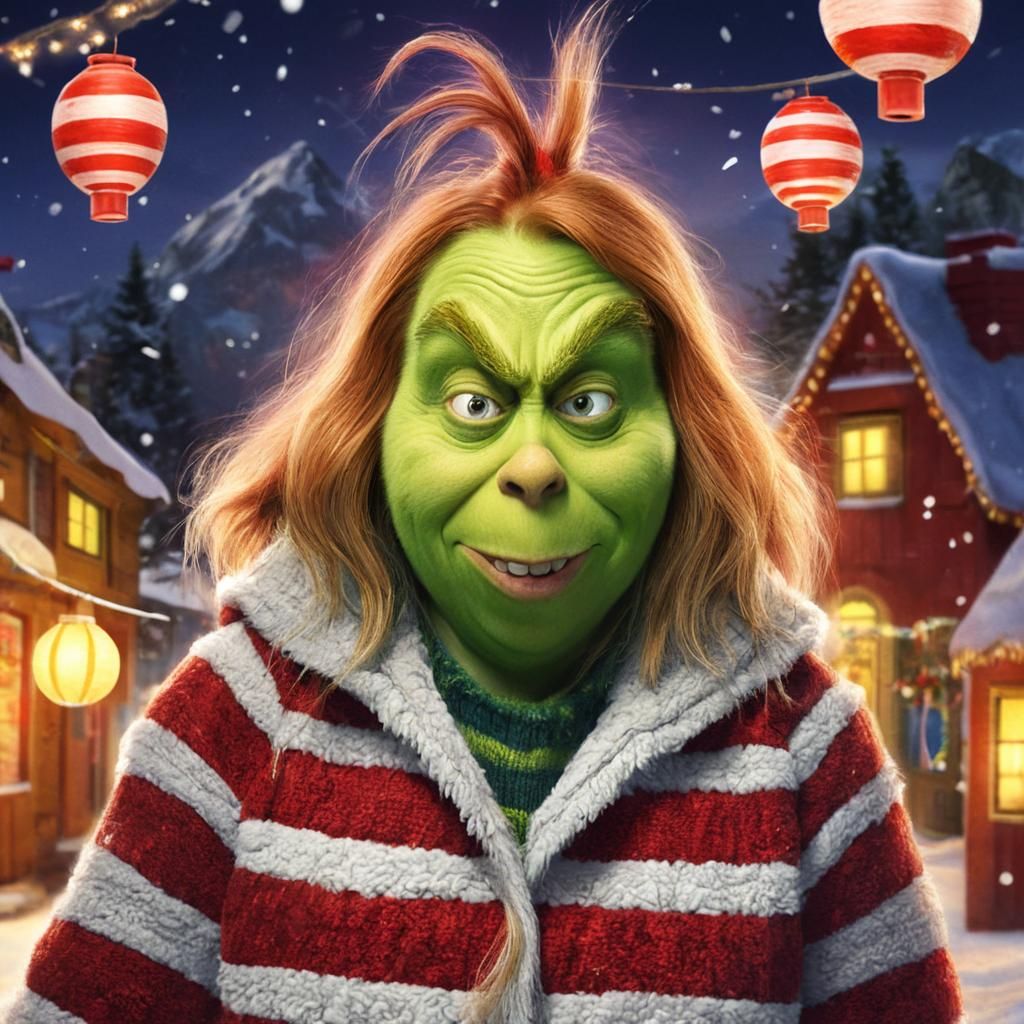 Whimsical Grinch Lady in Snowy Mountain Town