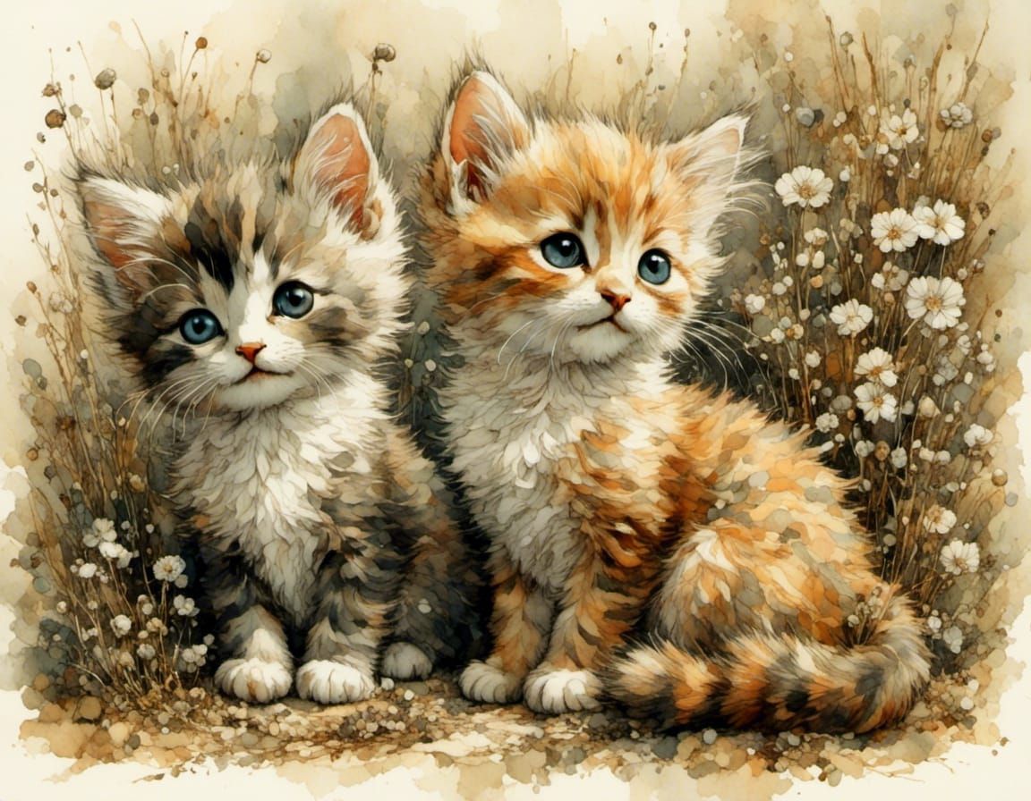 Two Cute Kittens in Vintage Oil Painting Style