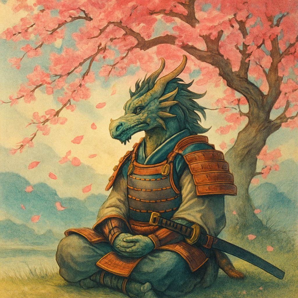 Samurai Dragon Meditates Under Cherry Tree in Japanese Art