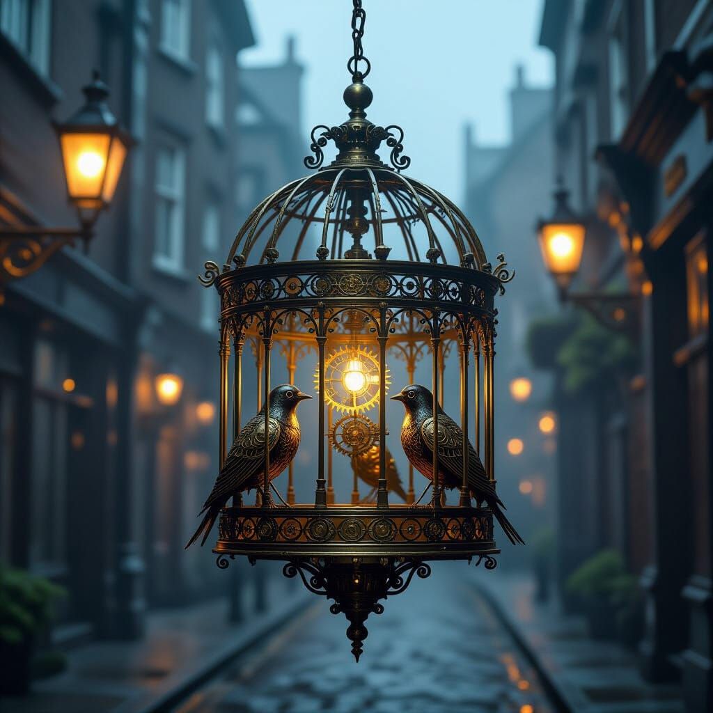 Steampunk Birdcage in Foggy Victorian London