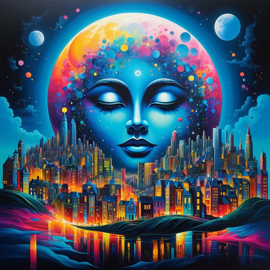 Surreal City Moon-Face in Acrylic Art Style