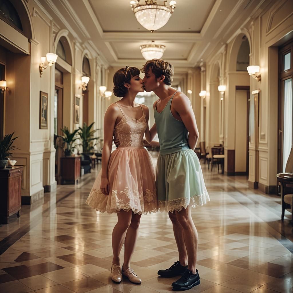 Cinematic Hotel Kiss: Cross-Dressed Teen in Babydoll Dress