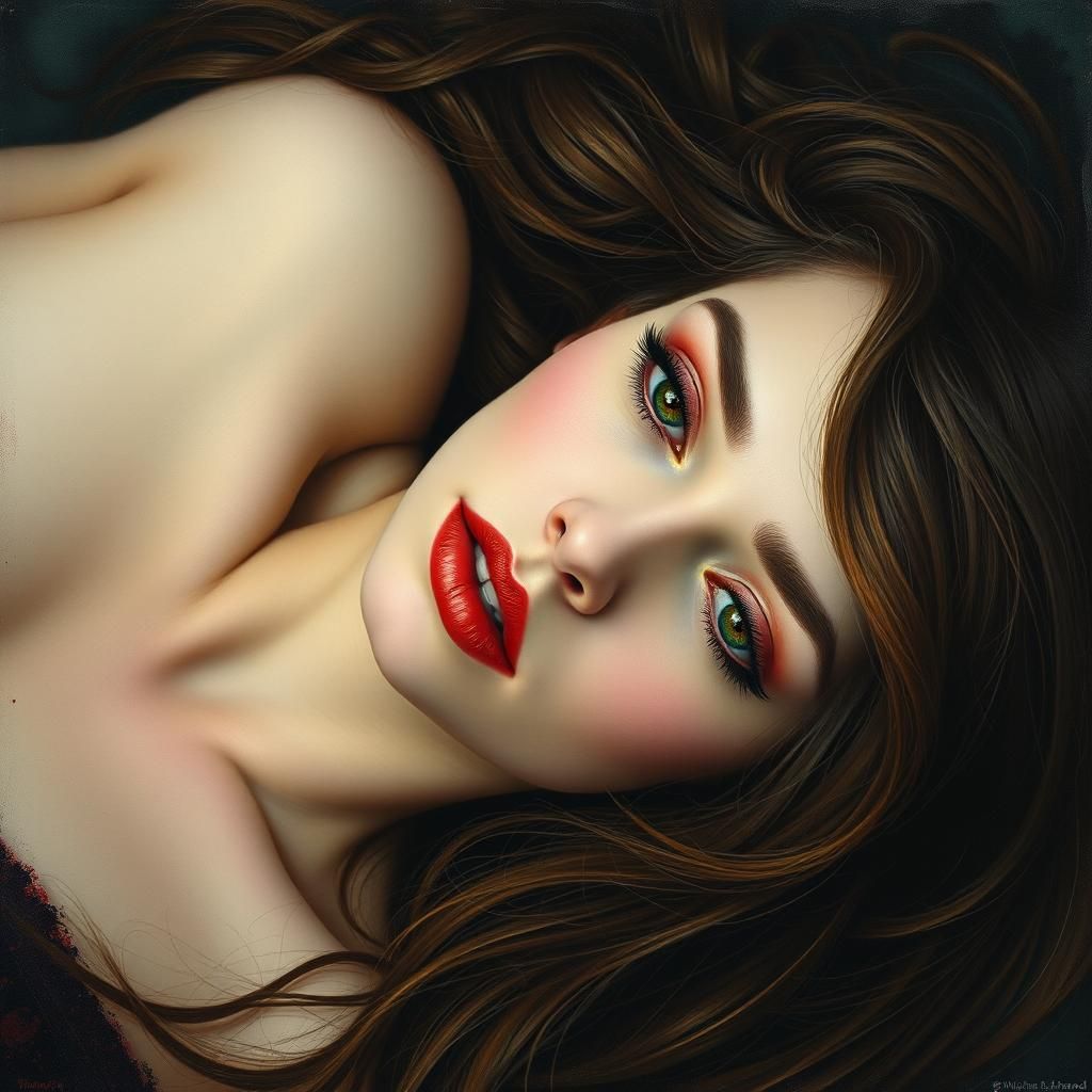 Contemplative Woman with Dark Hair in Surrealist Style