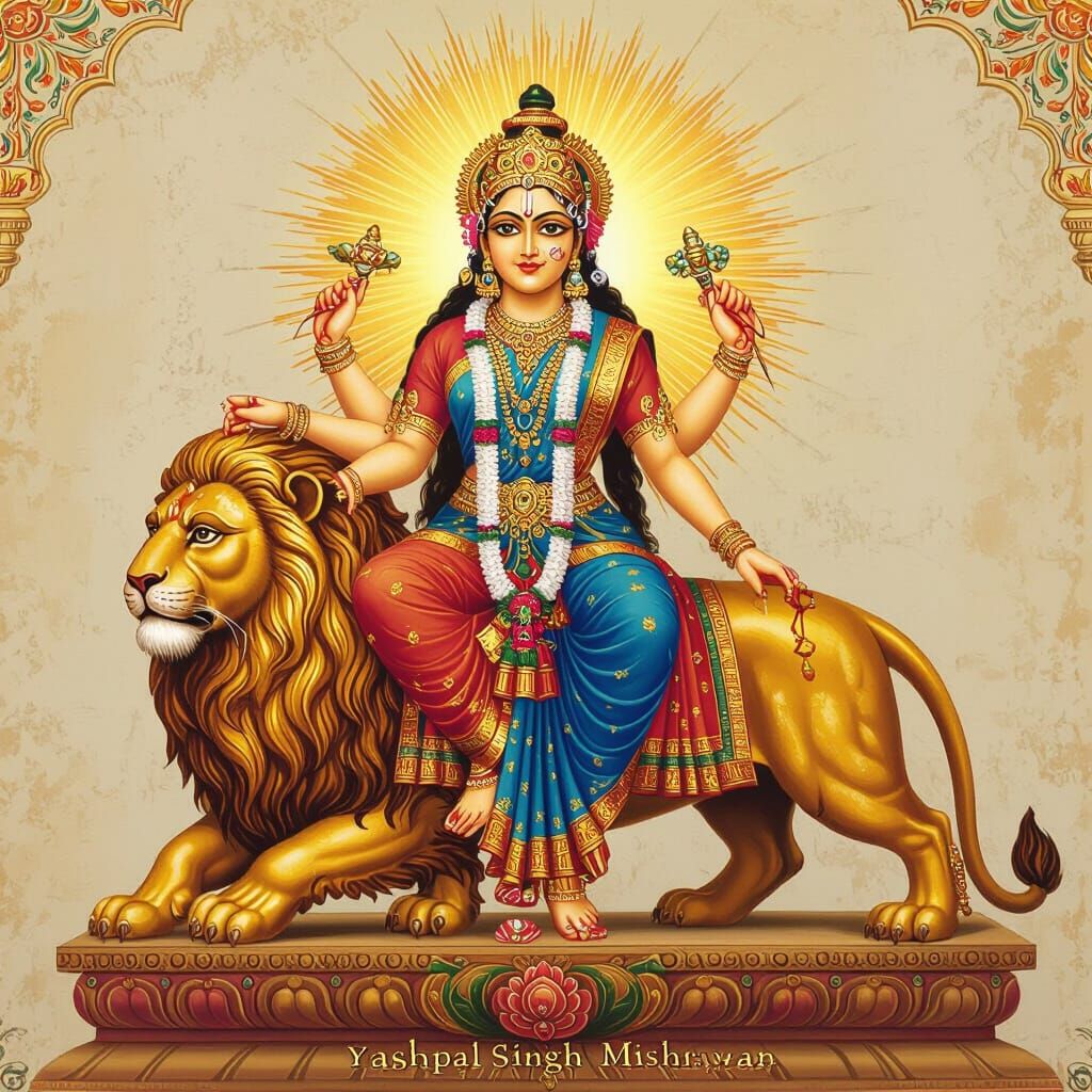 Maa Katyayani Goddess on Lion with Golden Aura