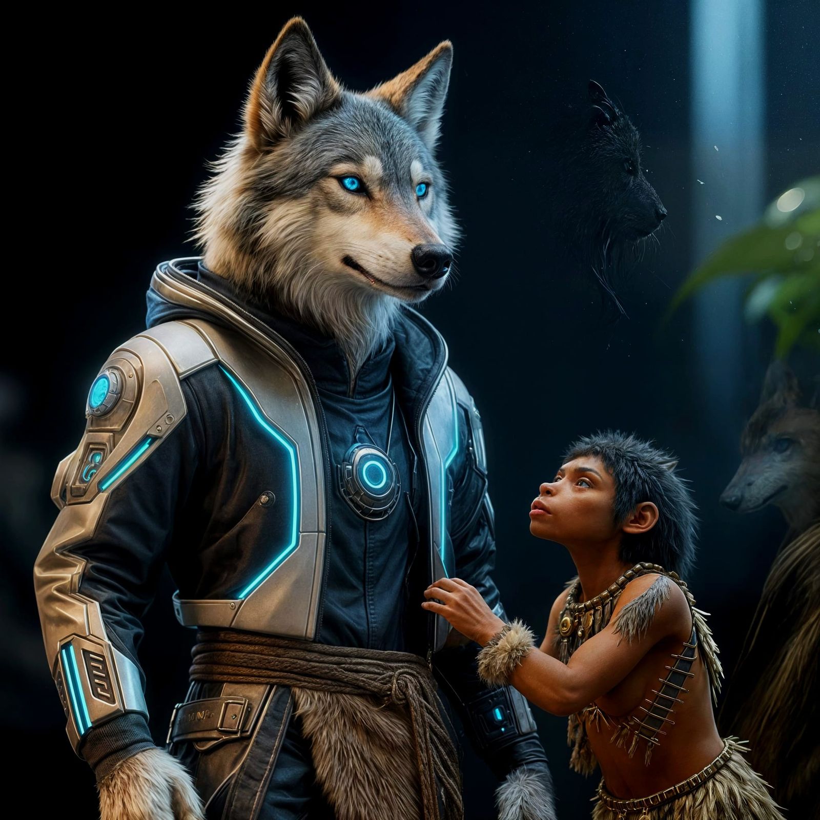 Futuristic Anthropomorphic Wolves with Hominid Pets