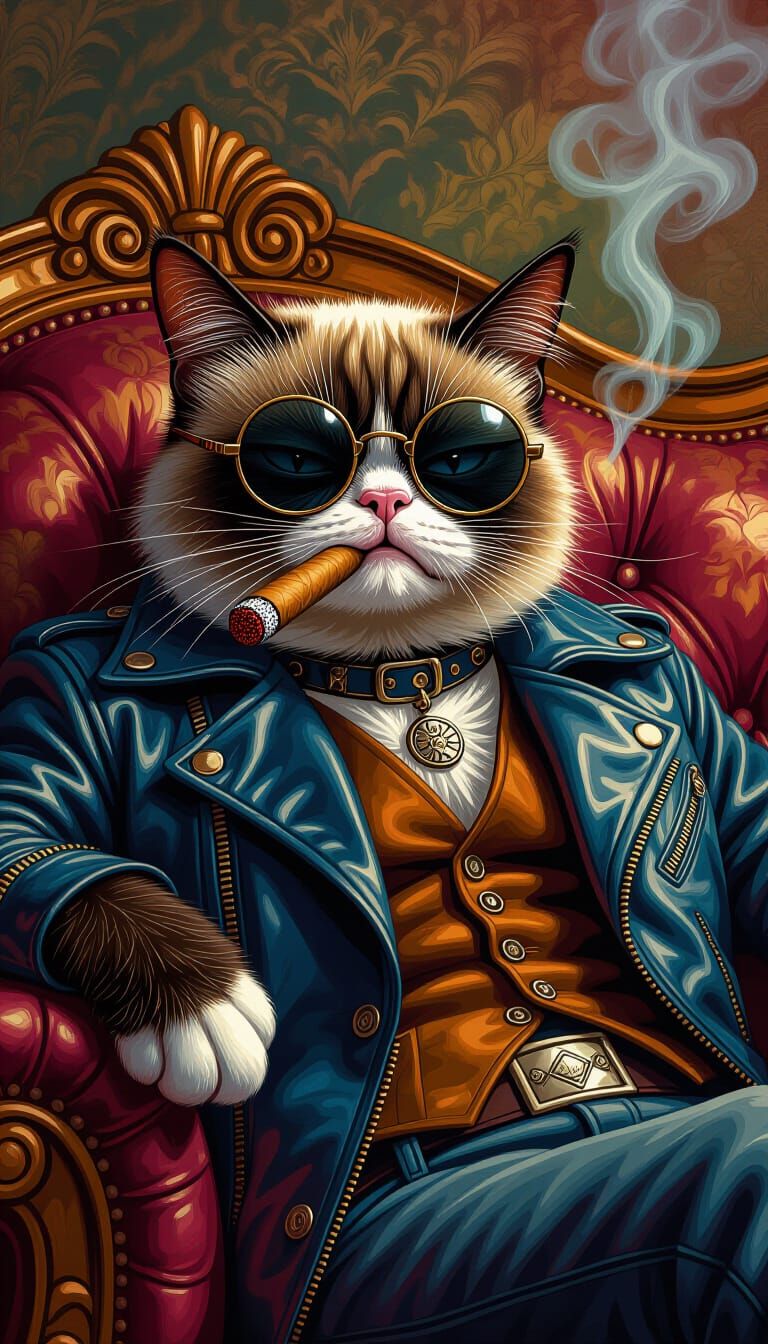 Hyperrealistic Grumpy Punk Cat on Victorian Couch