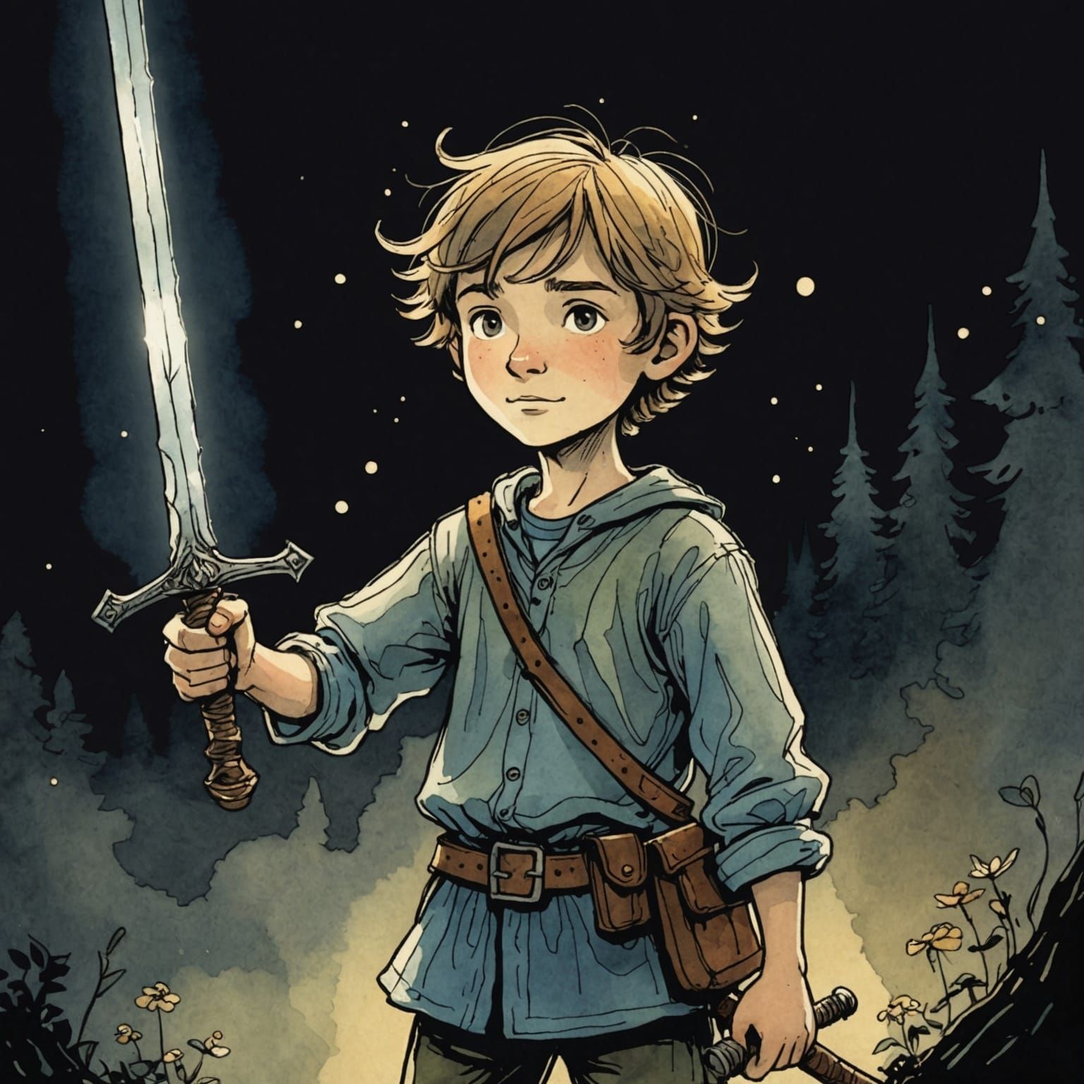 Boy With Glowing Sword in Storybook Illustration