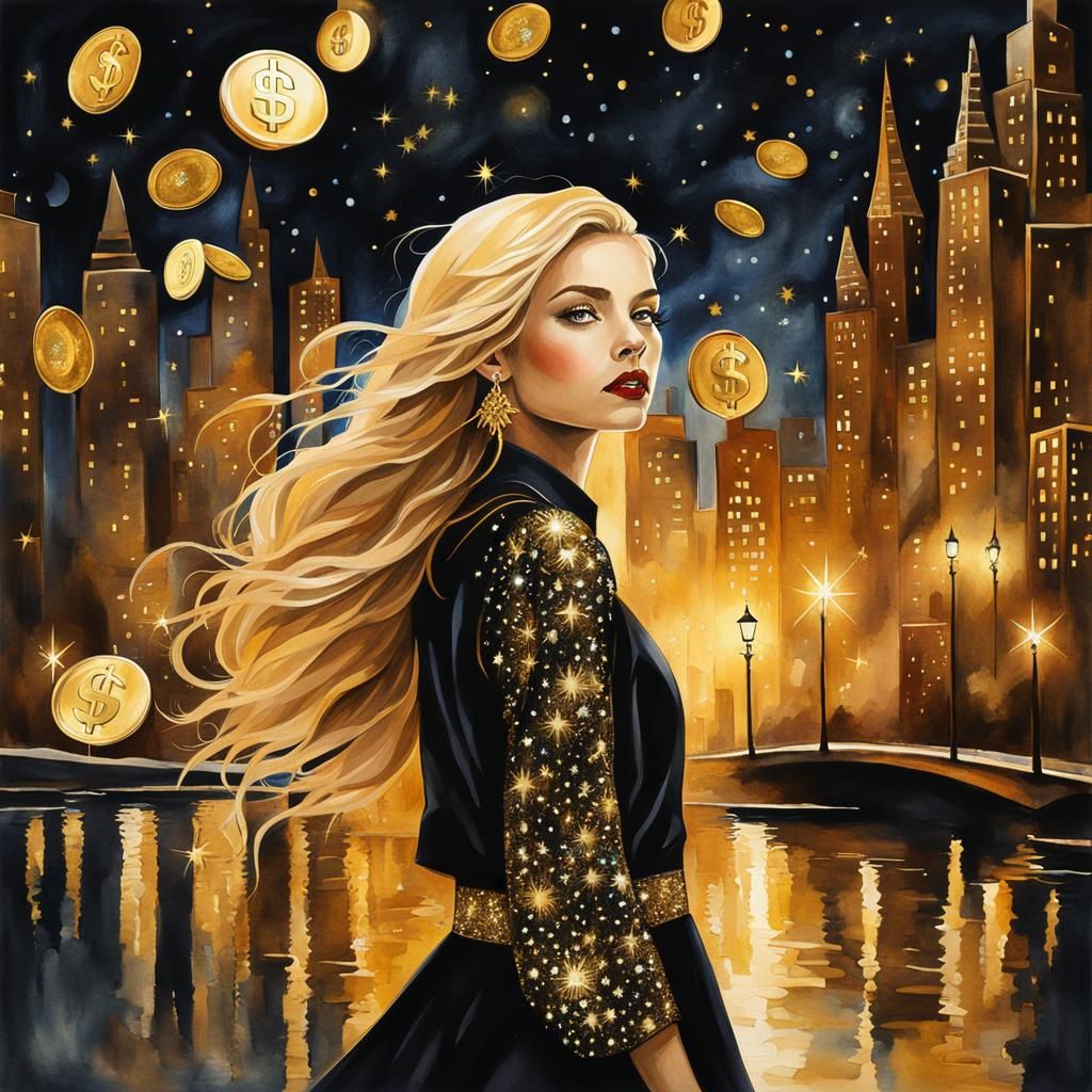 Elegant Blonde with Gold Sparkles in Moonlit City