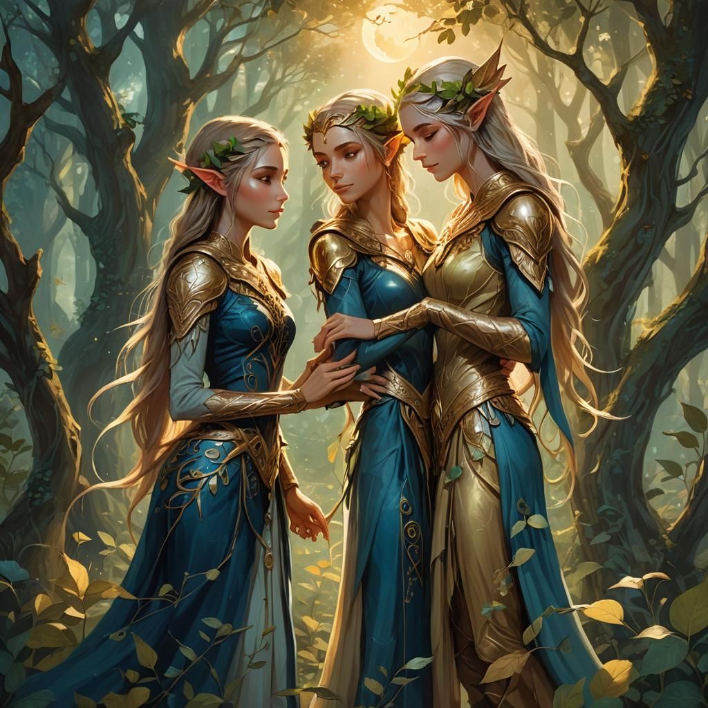 Fantasy Earth and Moon Elf Duo in Forest