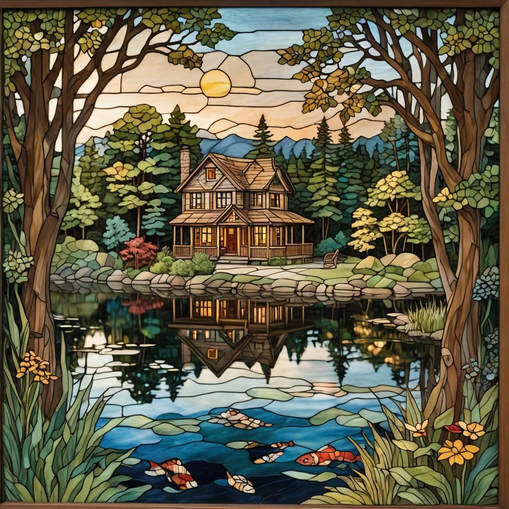 Stained Glass Serene Lake and House in 3D