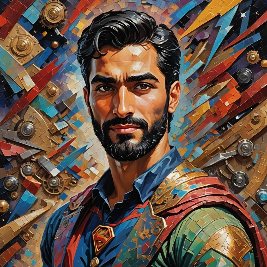 Iranian Superman in Space: Impressionist Oil Painting