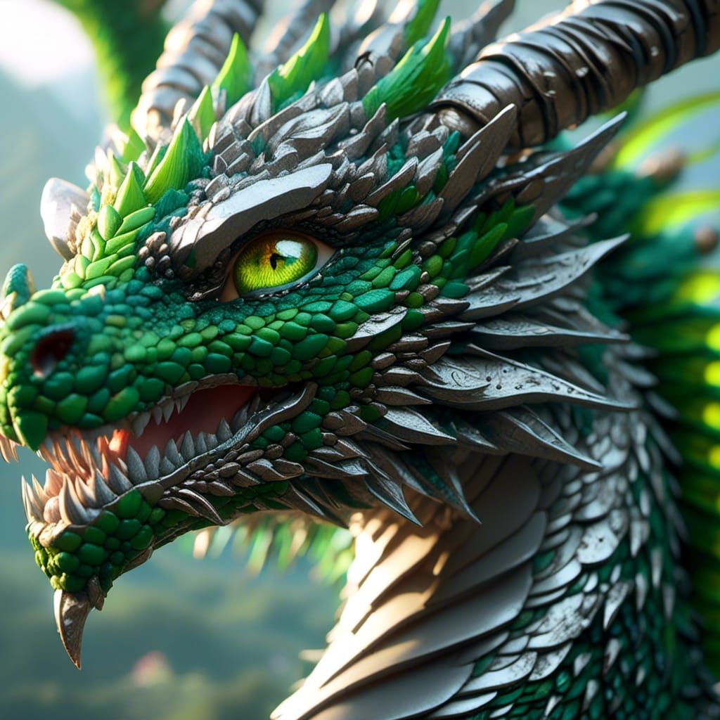 Green and Silver Dragon Portrait in Anime Style