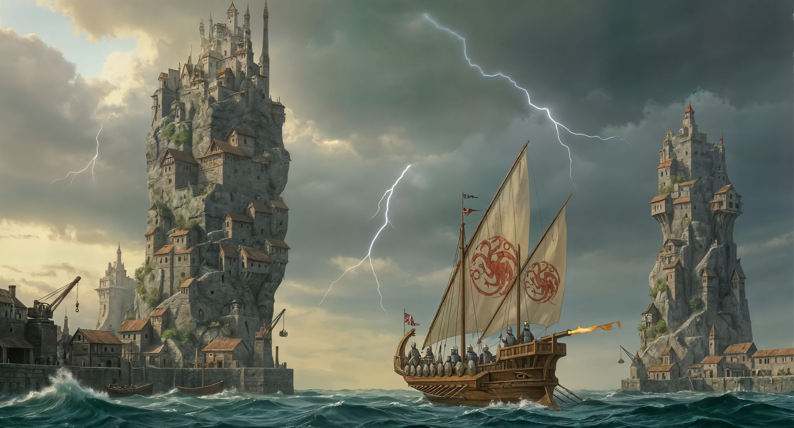 Majestic Three Pillars Kingdom with Lightning Storm