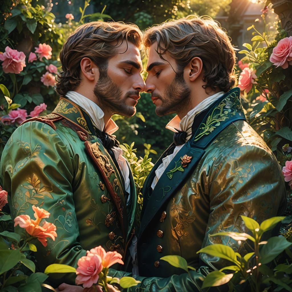 Gay Regency Men Kissing in Lush Garden: Digital Art