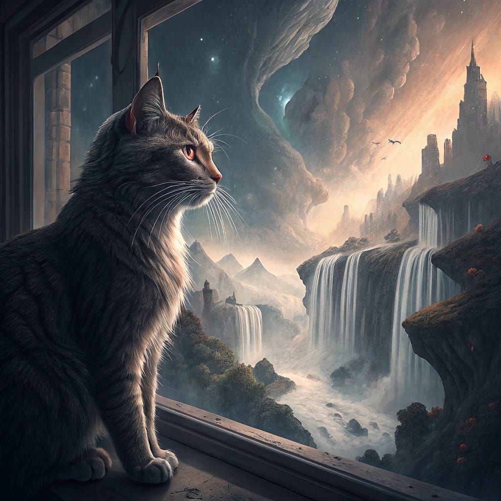 Majestic Cat Surveys Surreal, Dreamlike Landscape