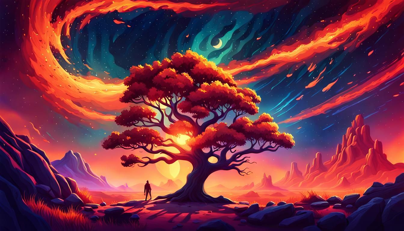 Nighttime Fire Tree on Alien Planet in Cel-Shaded Style