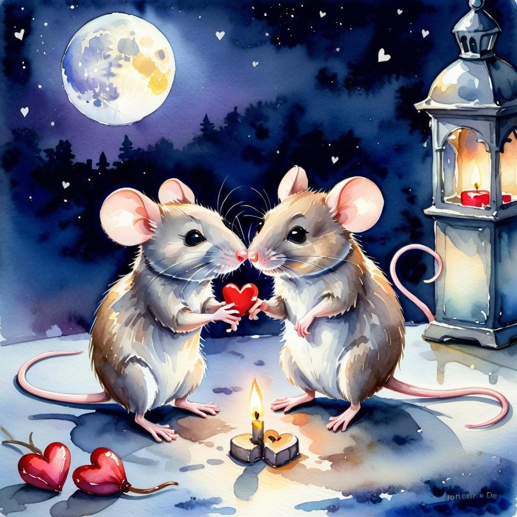 Romantic Mice Dating on Valentine's Day: Watercolor