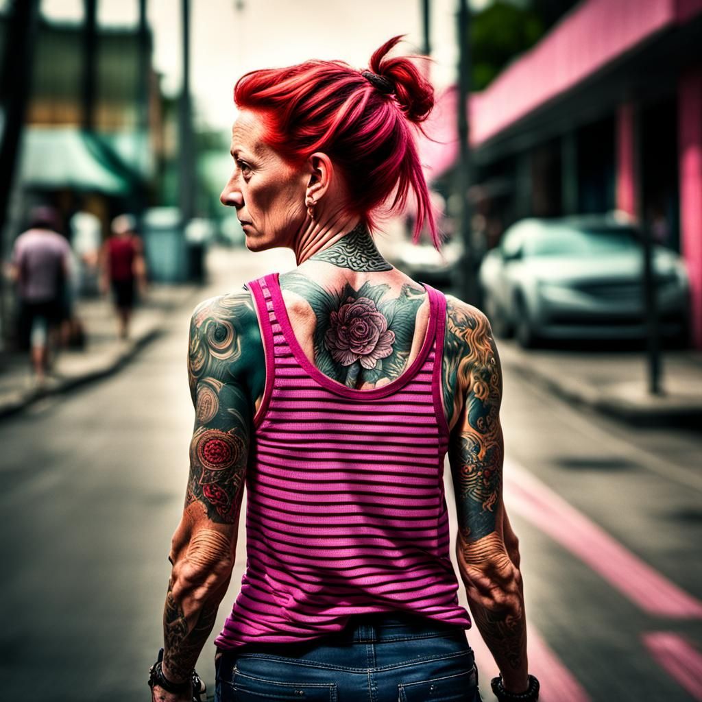 Redhead Woman with Tattoos in Hyperrealistic Street Scene