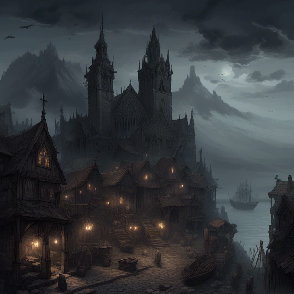 Lovecraftian Coastal Town with Gothic Architecture