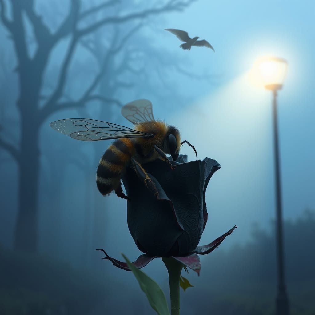 Macro Bee Wings on Midnight Rose in Fog