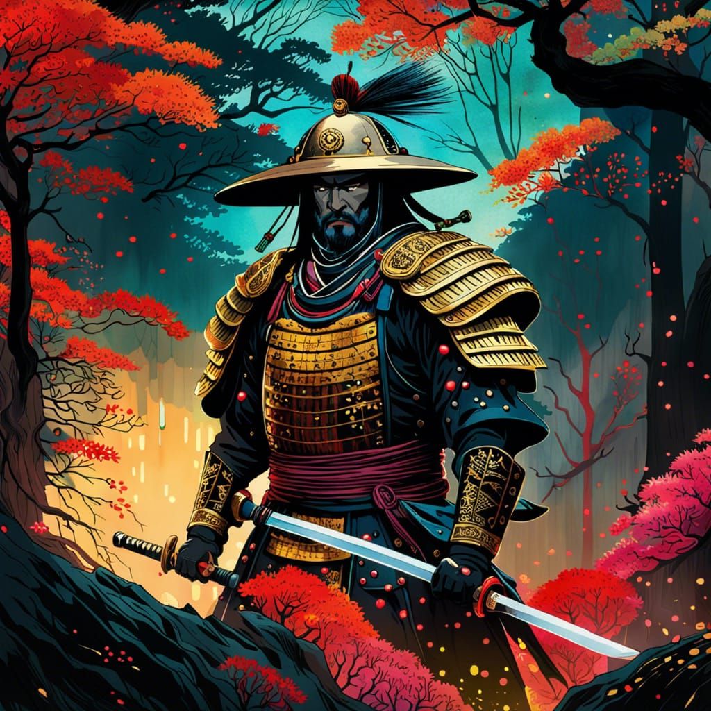 Samurai in Glowing Forest: Watercolor Art