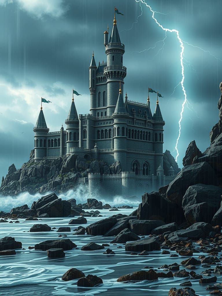 Majestic Castle on Stormy Beach, Matte Painting