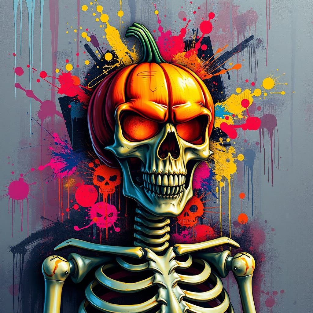 Skeleton with Jack-o'-Lantern Head in Graffiti Style