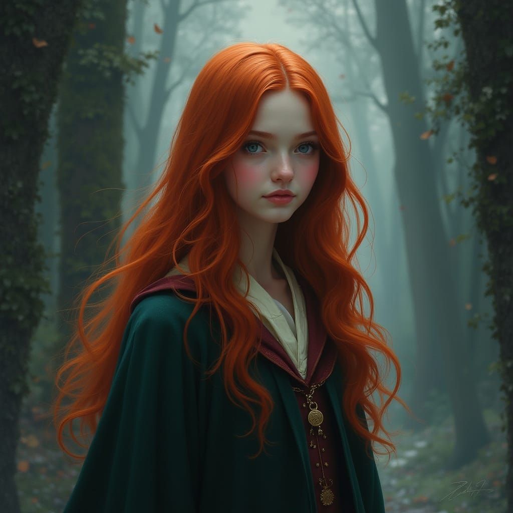 Ginny Weasley in Hogwarts Robe: Mystical Portrait
