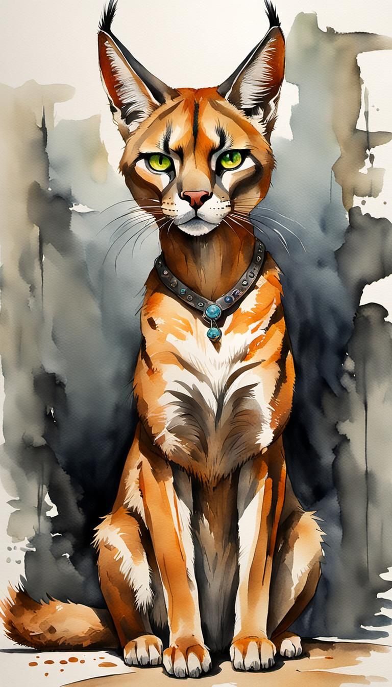 Anthropomorphic Caracal Female in Gouache Style