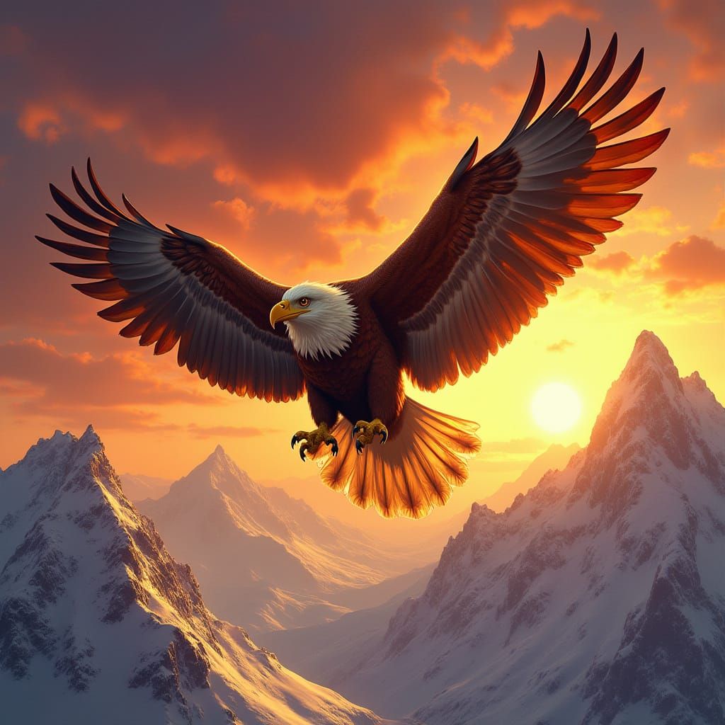 Eagle Soaring Through Sunset Sky in Fantasy Art Style