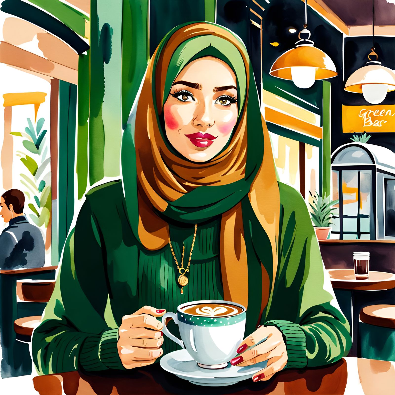 Young Woman in Hijab at Coffee Bar, Watercolor Style