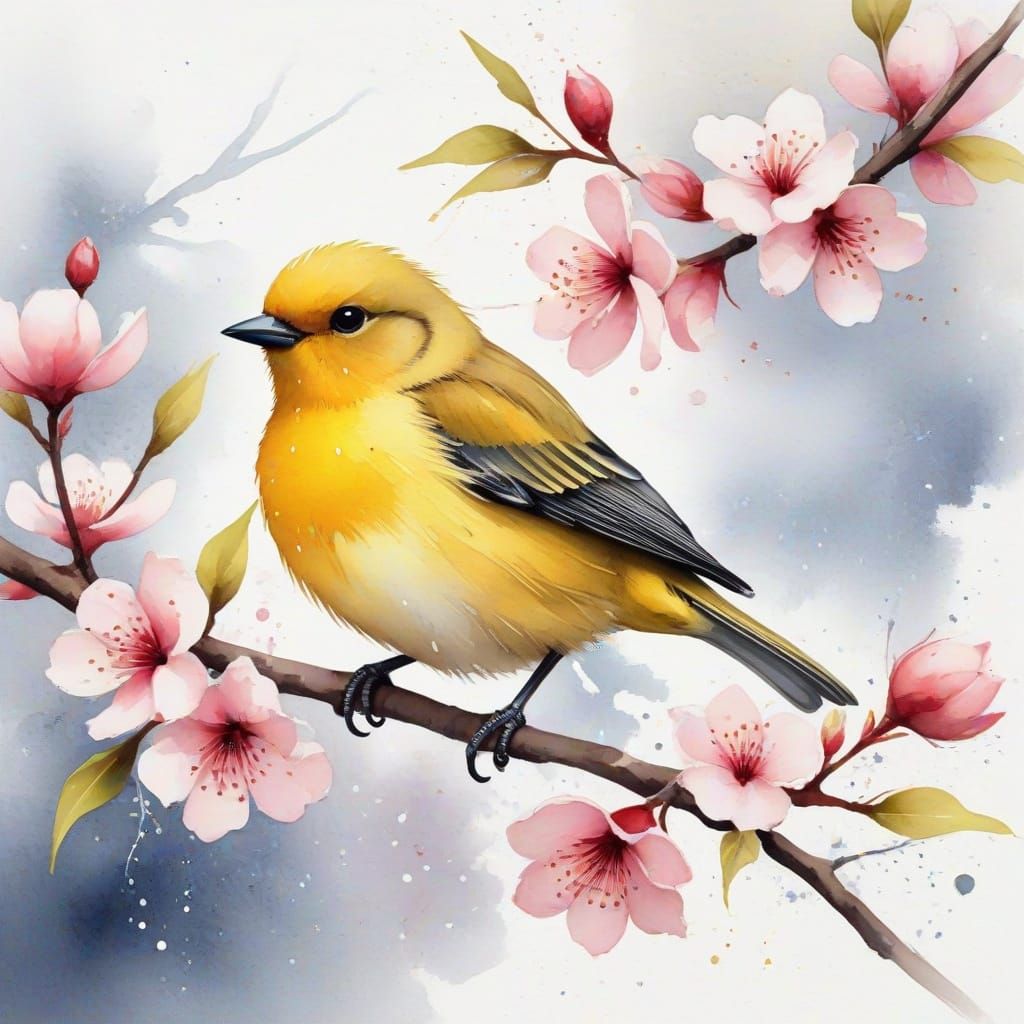 Blossom Tree and Yellow Bird in Watercolor Style
