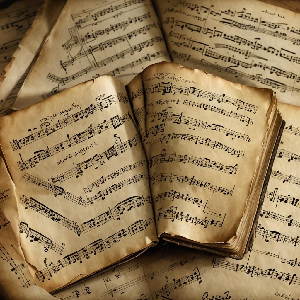 Baroque Book with Vintage Music Paper, Charcoal Art