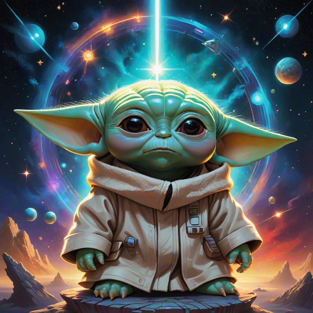Mystical Starwars Galaxy Scene with Baby Yoda in Cosmic Holo...