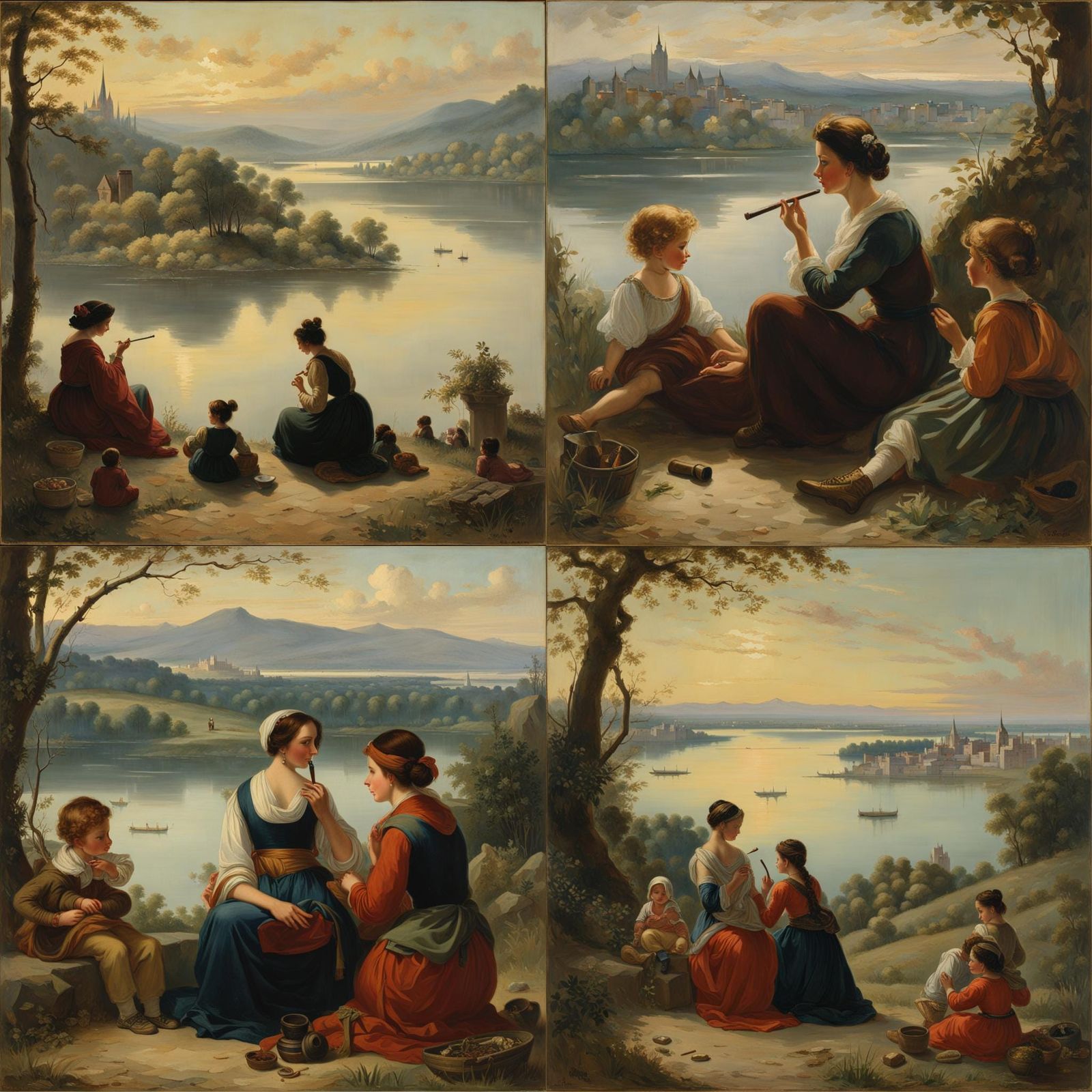 Woman with Children by Lake and City