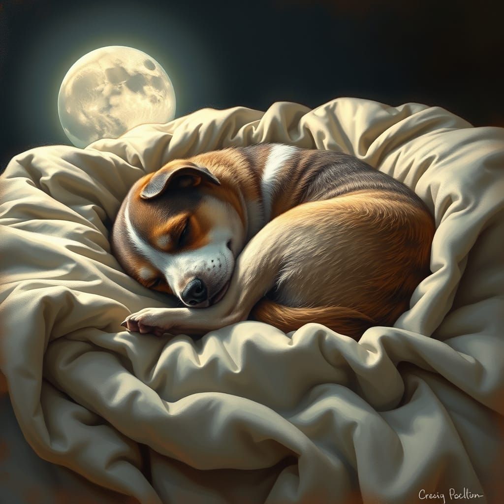 Surreal Moonlit Scene of a Sleeping Dog on a Cozy Blanket