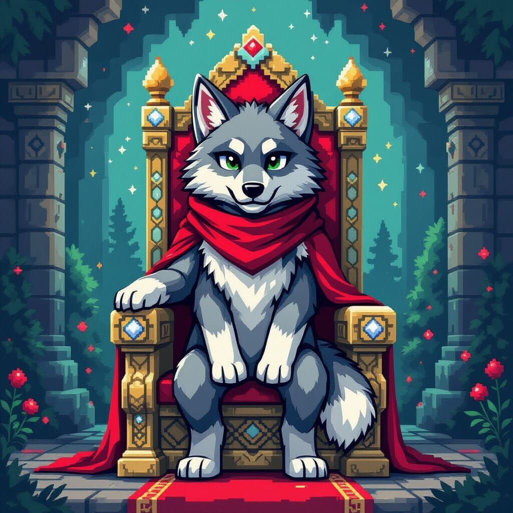 Minecraft Wolf on Diamond Throne in Pixel Art