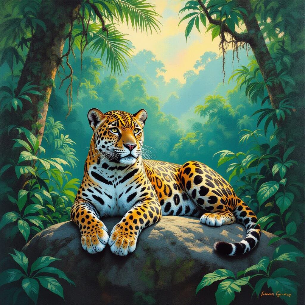 Jaguar in Rainforest: An Oil Painting