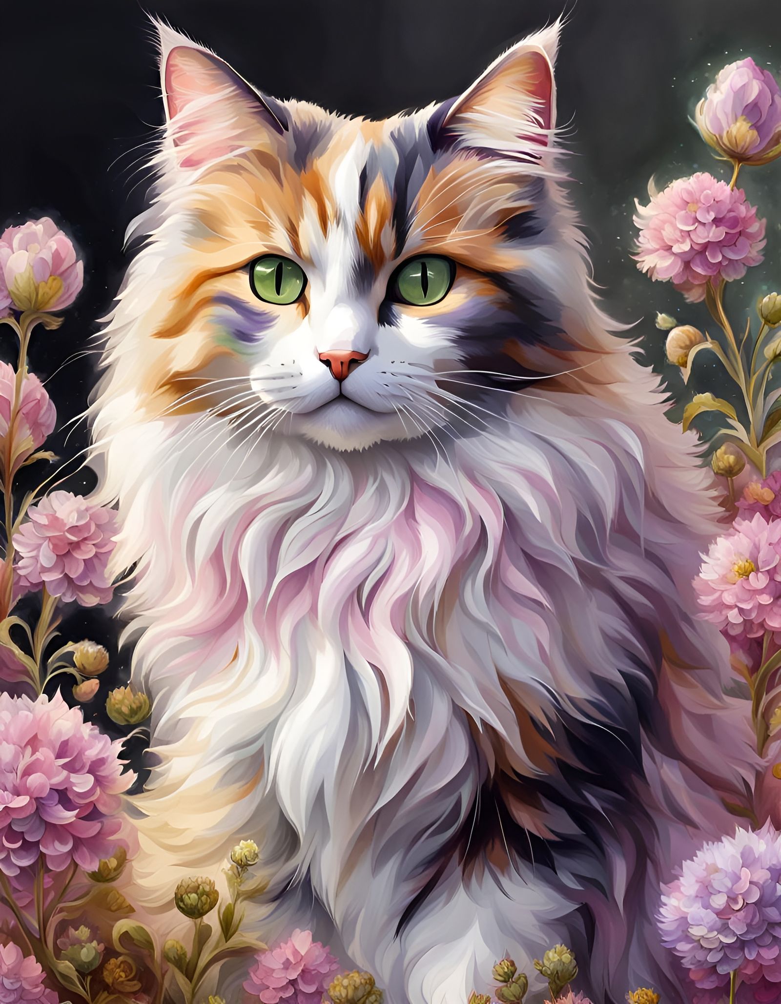 Hyper-Fluffy Calico Cat with Fractal Flowers