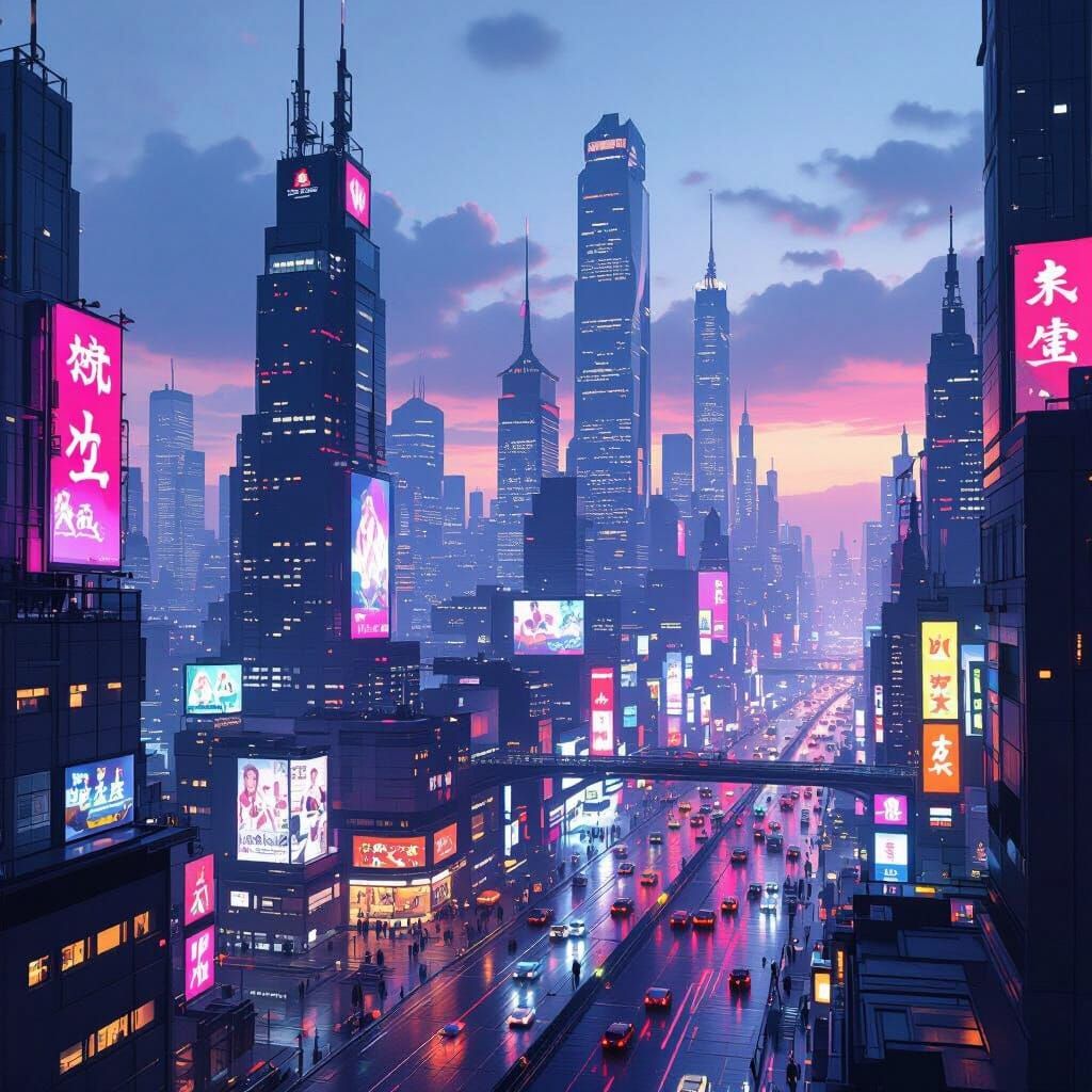 Futuristic Cityscape at Dusk with Neon Lights