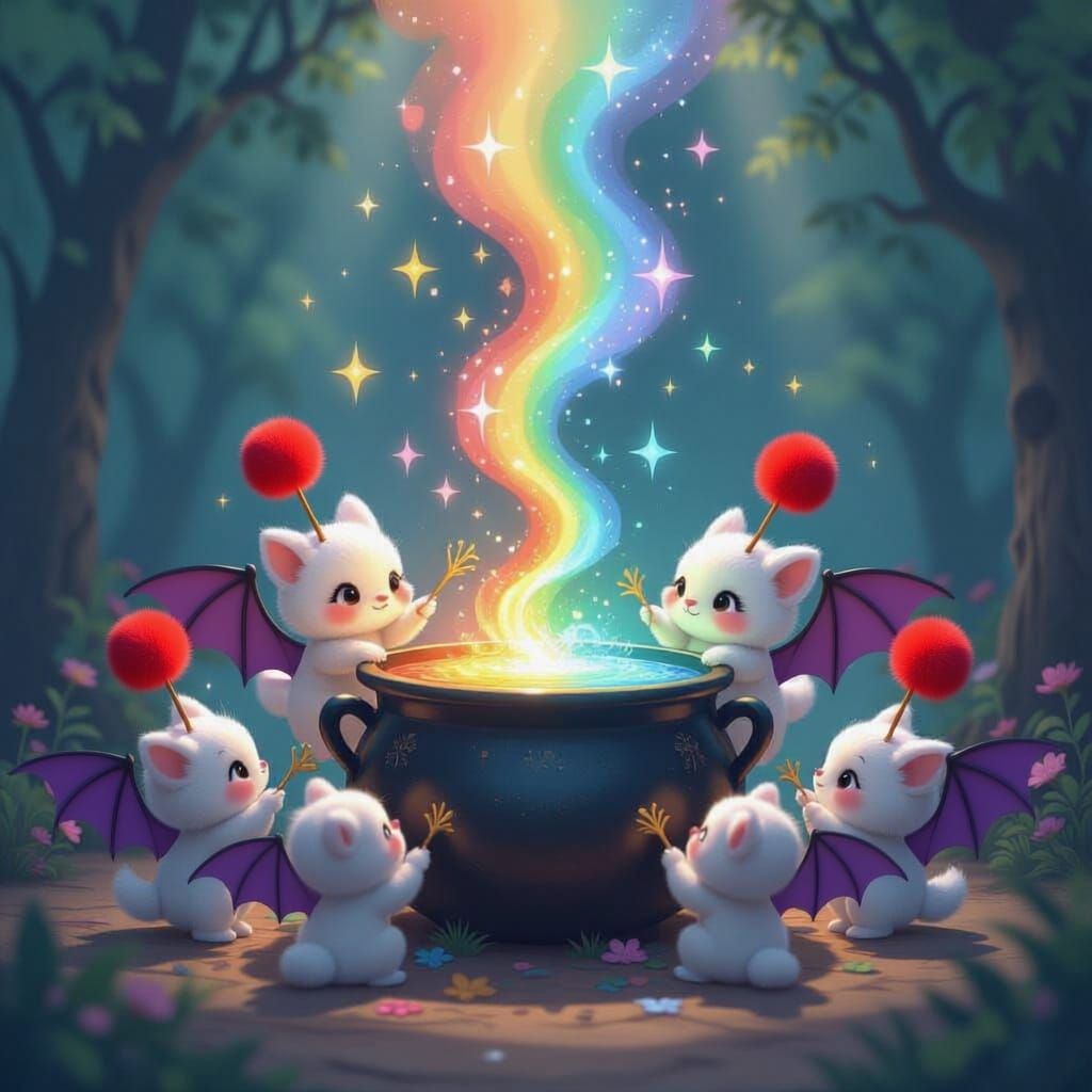 Adorable Creatures Crafting Rainbow Potion with Sparkles
