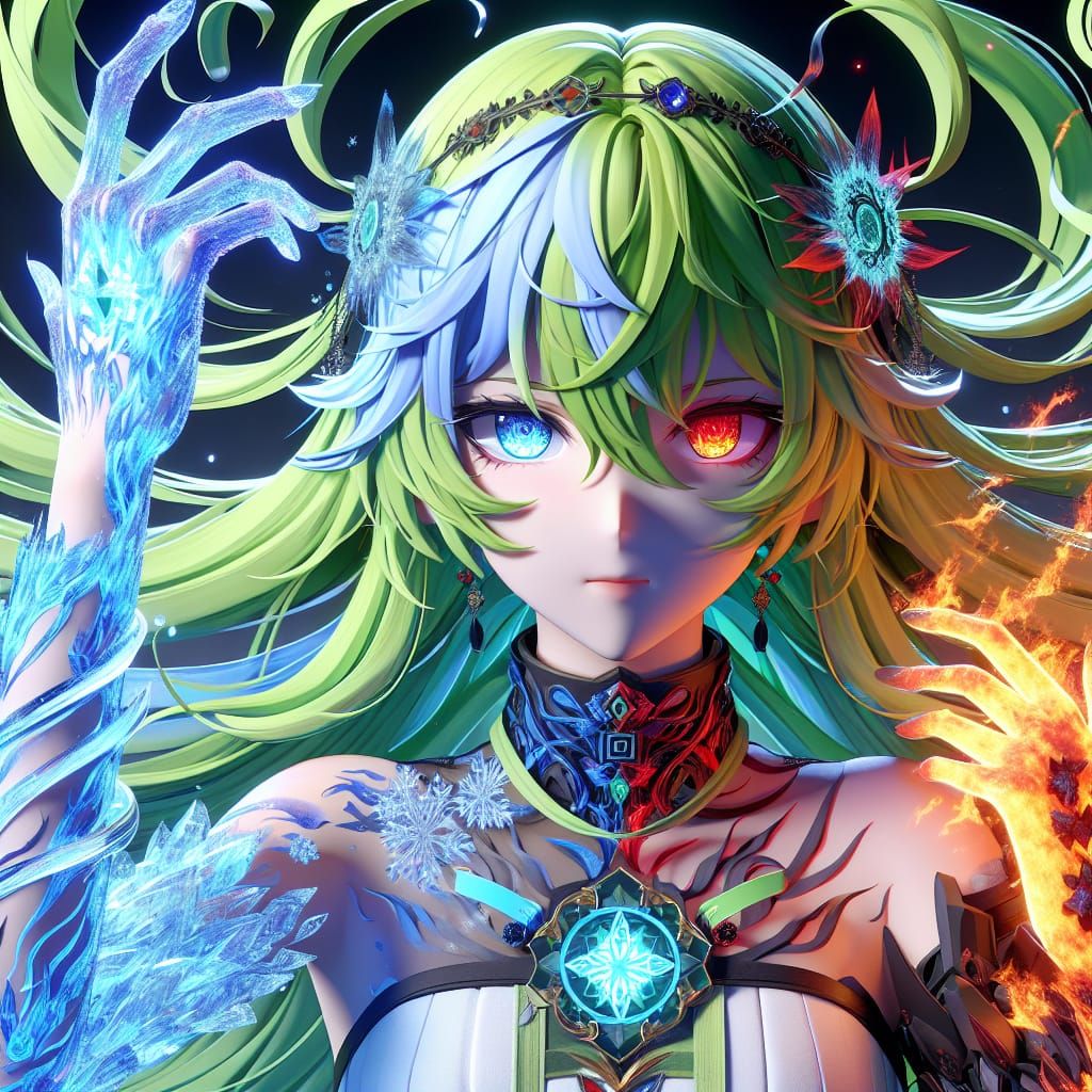 Anime Elementalist Activating Fire and Ice Powers