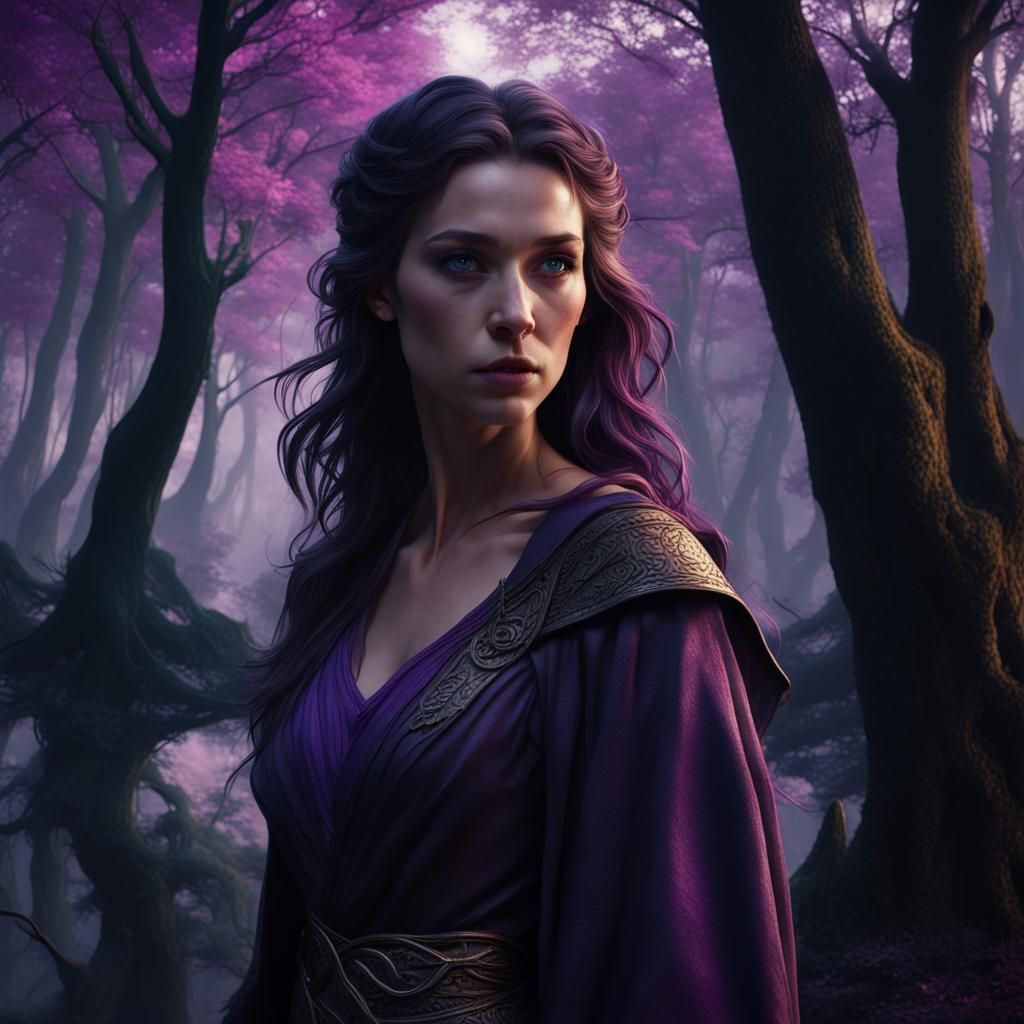 Cinematic fantasy landscape with beautiful woman with purple eyes