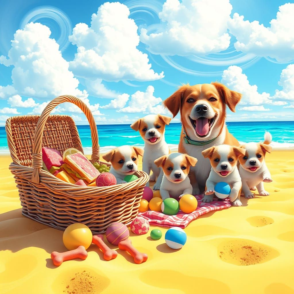 Dog and Puppies Picnic on Beach in Cel-Shaded Style