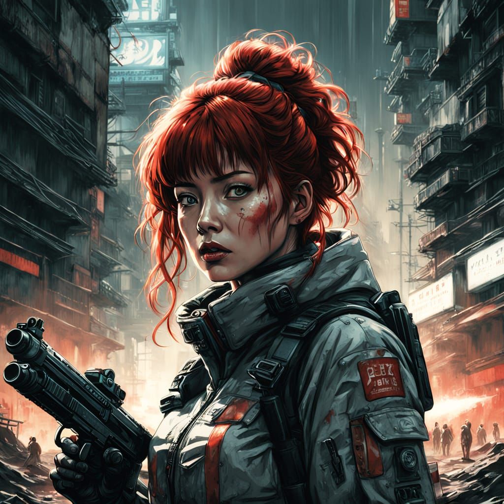 Redhead Warrior in Cyberpunk Action Scene