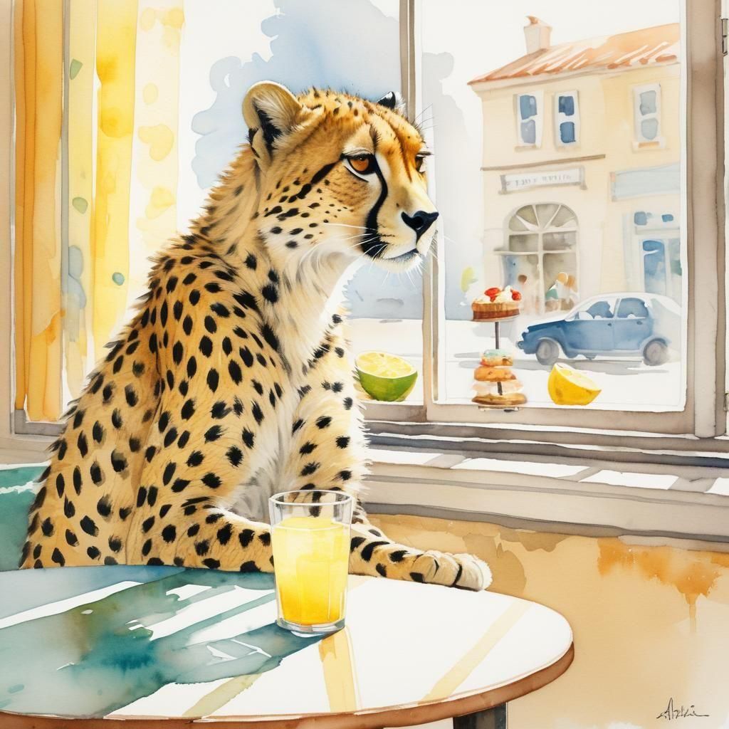 Cheetah Sipping Lemonade: Watercolour Painting in Alison Les...