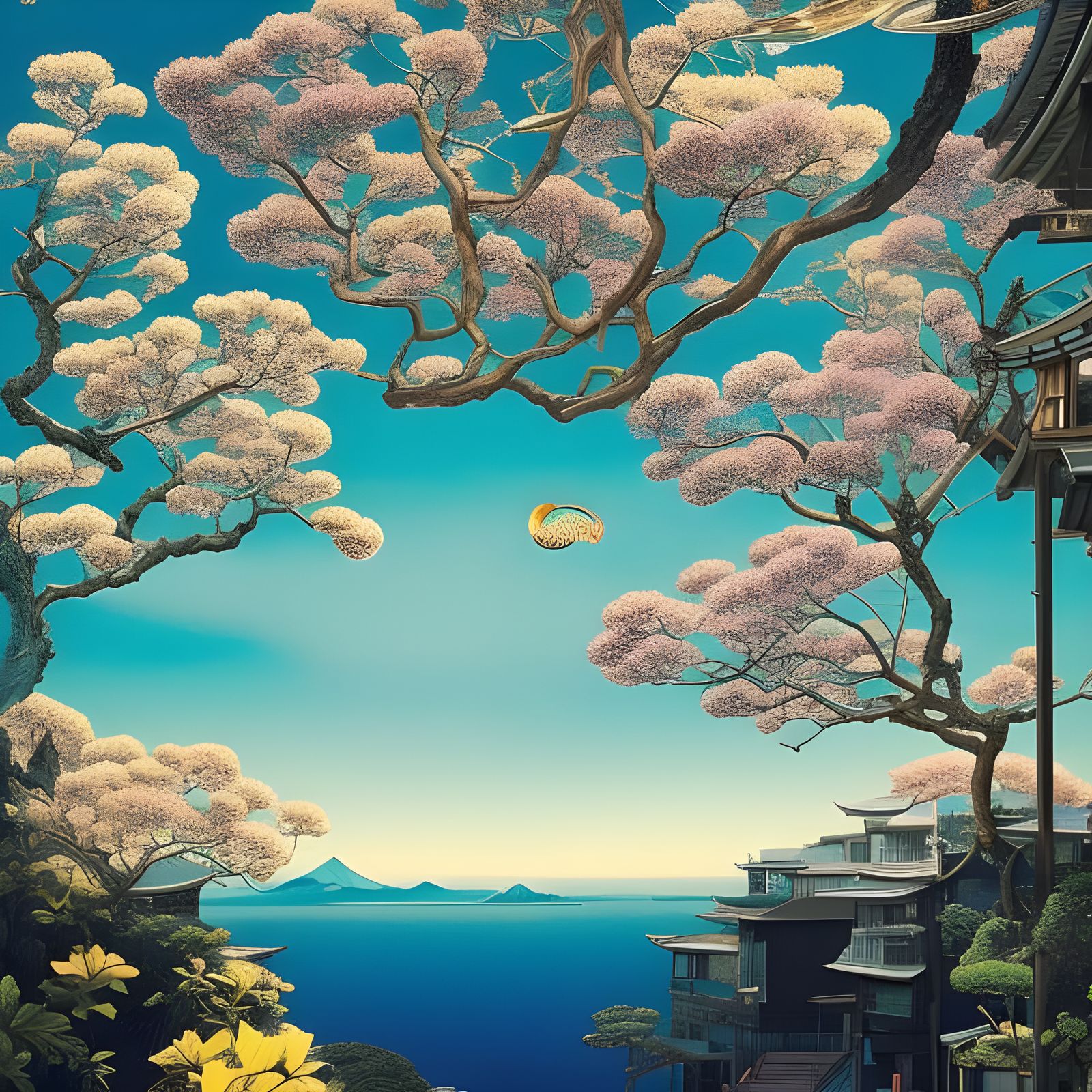 Surreal Coastal Town View through Shaded Entryway