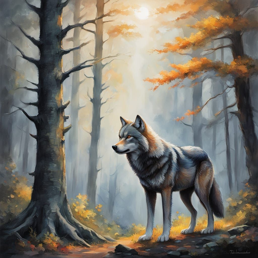 Wolf in Forest: Ethereal Fantasy Charcoal Drawing