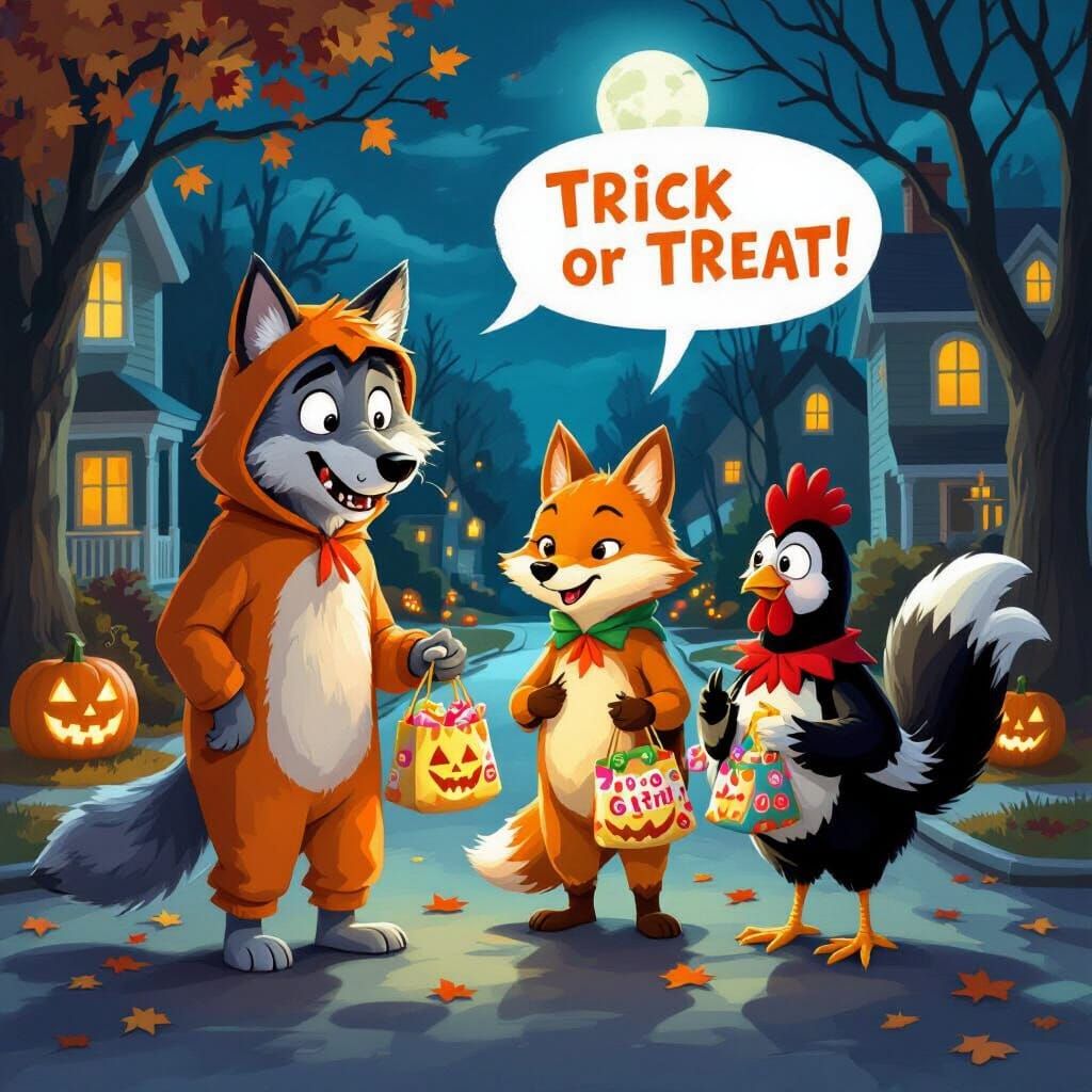 Halloween Costumed Animals on Moonlit Street